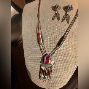 Native American Sterling Silver & Turquoise Needlepoint Necklace Earrings Set